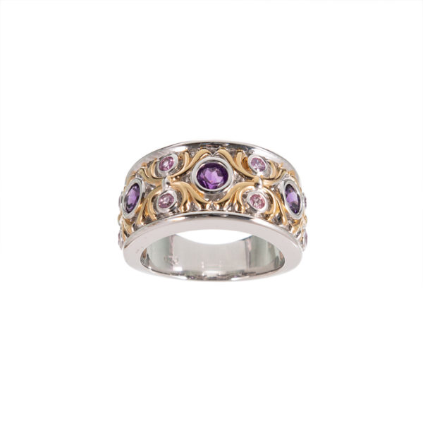 Silver Amethyst and pink sapphire Band Ring